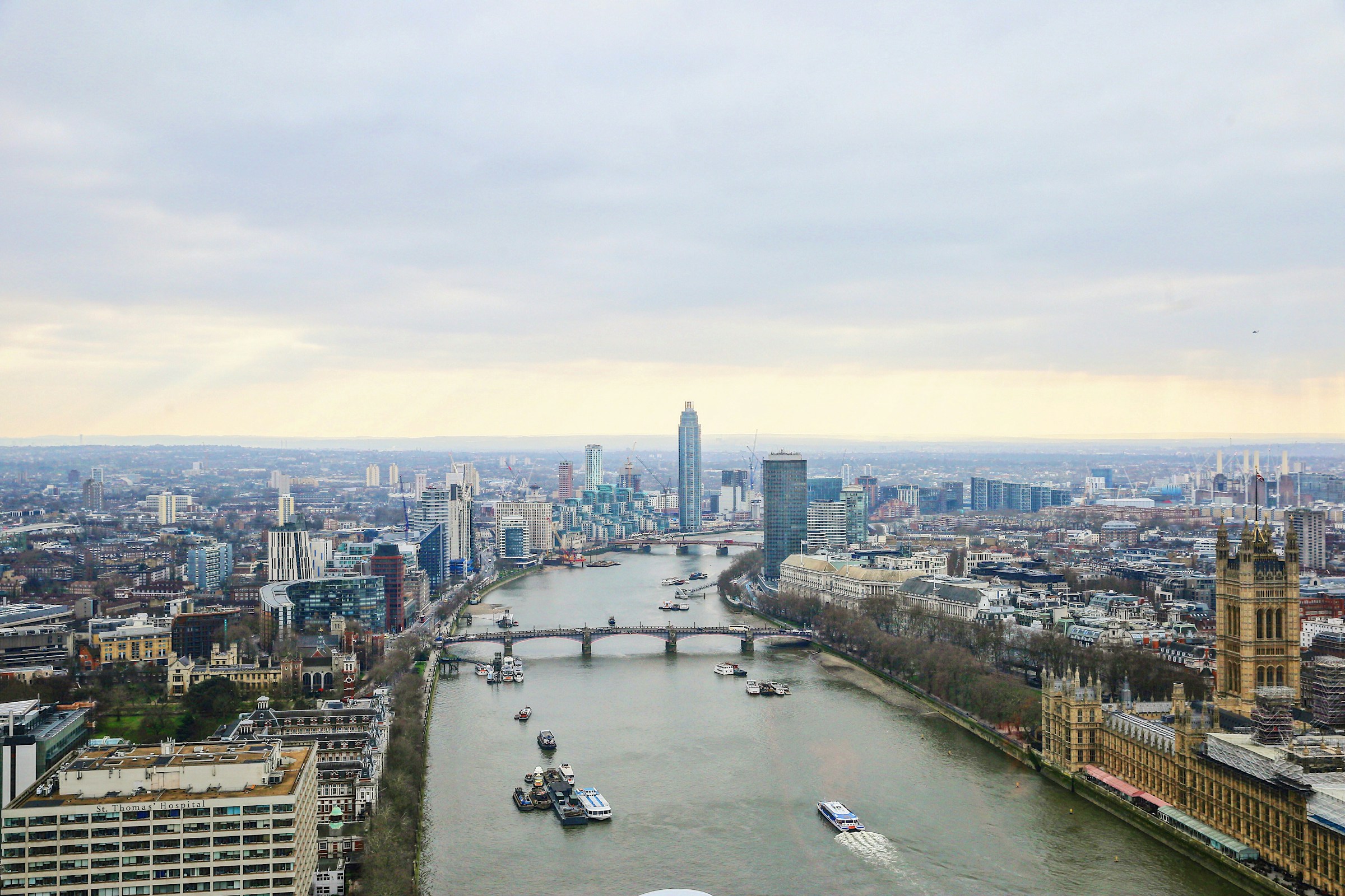 London: the River Thames and city skyline at dusk.