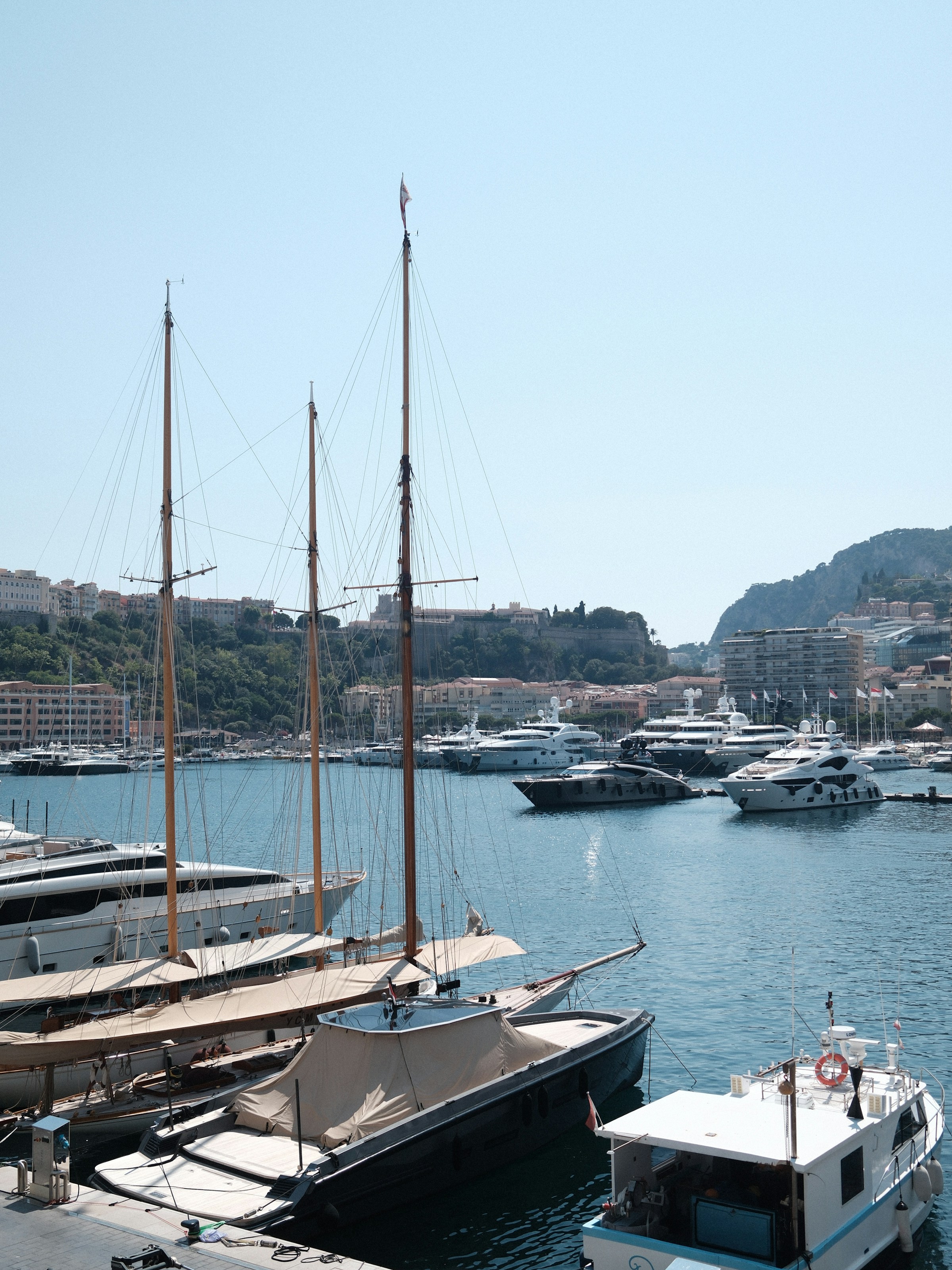 Monaco: luxury yachts moored in a Mediterranean harbour.